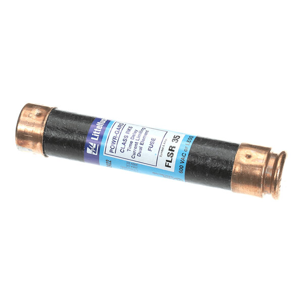 A cylindrical fuse with copper-colored metal ends and a black body featuring a blue and white label.