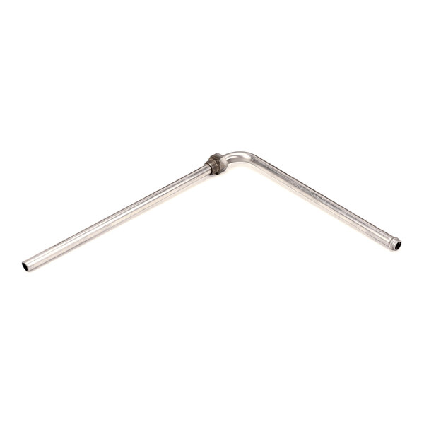 A metal pipe bent at a right angle with a small fitting at the bend.