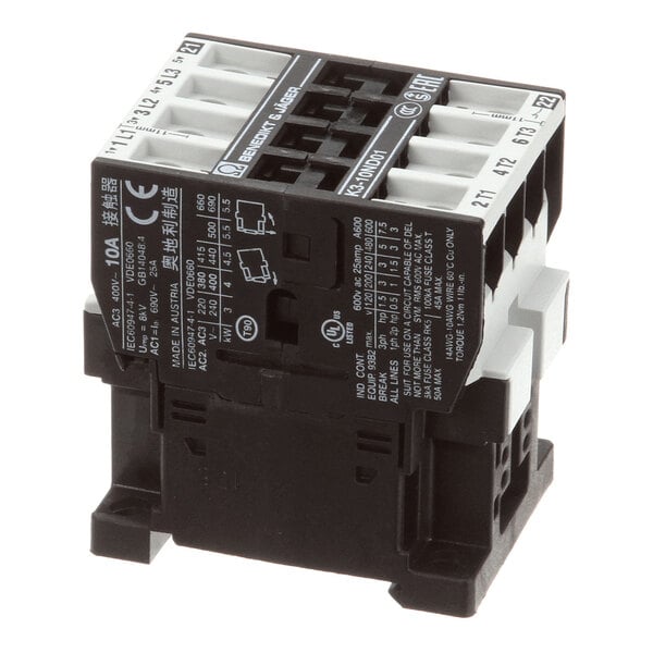 A black and white electrical contactor with labeled terminals and technical specifications printed on its surface.