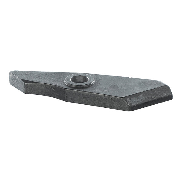 A metal component with an angular shape and a central hole, likely used as a mechanical part.