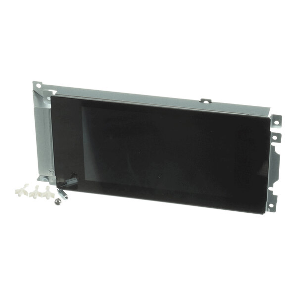 A rectangular electronic display panel with a black screen, metal frame, and several small mounting hardware pieces beside it.