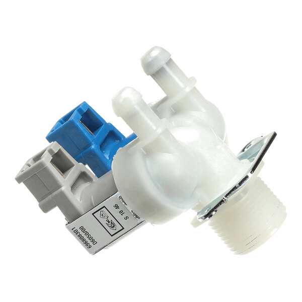 A white and blue plastic solenoid valve with two inlet/outlet ports and an electrical connector.