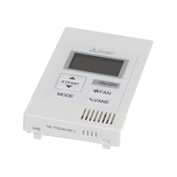 A white electronic remote controller with a display screen and several labeled buttons, including TEMP, MODE, ON/OFF, FAN, and VANE.