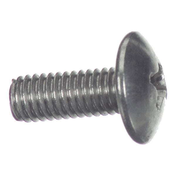 A metal screw with a round head and a slotted drive, featuring a threaded shaft.