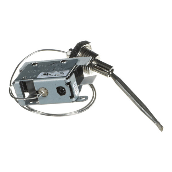 A metal mechanical component with a probe, coiled wire, and mounting hardware, likely part of a temperature control or sensing device.