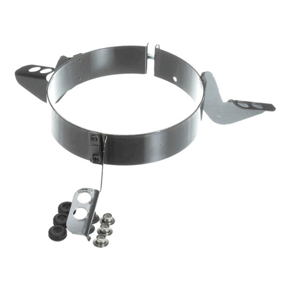 A metal circular bracket with three extending arms and several small rubber and metal components placed beside it.