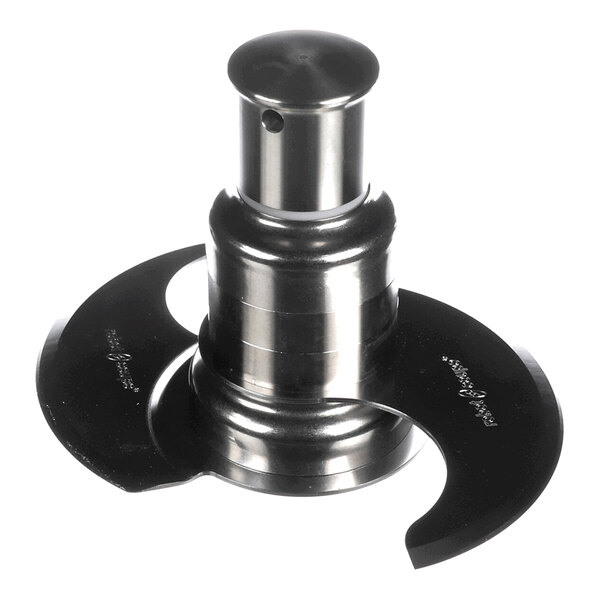 A metal component with two curved, sharp blades attached to a central cylindrical hub.