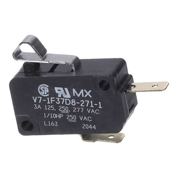 A small black electrical switch with a metal lever and three metal terminals, featuring white printed specifications on its surface.