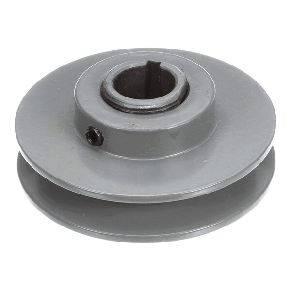 A metal sheave with a central bore and a set screw, designed for use with a belt drive system.