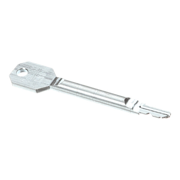A single silver metal key with a uniquely shaped blade and a hexagonal head featuring a hole for a keyring.
