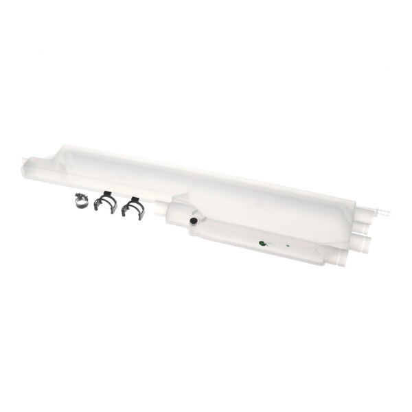 A translucent, elongated plastic component with attached metal clips and fittings, likely part of a water supply or safety device system.
