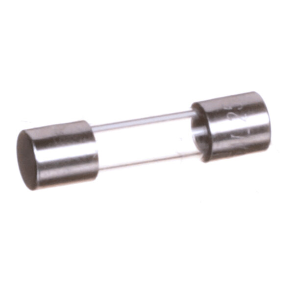 A small cylindrical glass fuse with metal caps on both ends.