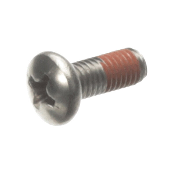A metal Phillips head screw with a partially threaded shaft and a red coating on the threads.