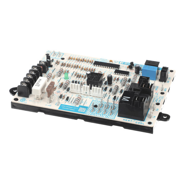 A rectangular electronic circuit board with various components including resistors, capacitors, connectors, and relays mounted on it.