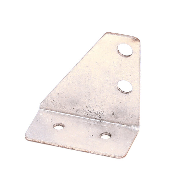 A metal L-shaped bracket with four holes, two on each side, likely used for mounting or support purposes.