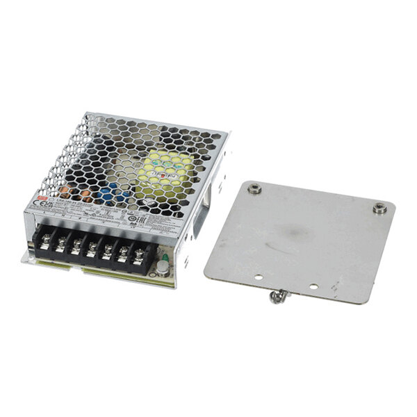 A metal-cased electronic power supply unit with a honeycomb ventilation cover, terminal connectors, and a separate flat mounting plate with screws.