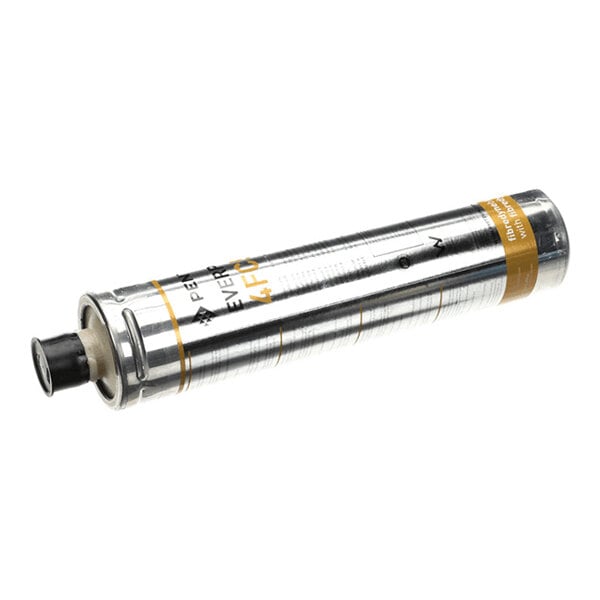 A cylindrical metallic filter cartridge with a black cap on one end and gold and black labeling.