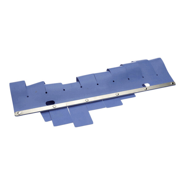 A blue, segmented plastic or rubber curtain with a metal strip along one edge, featuring several cutouts and holes.