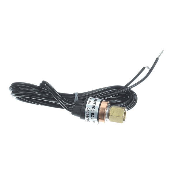 A small electronic component with a brass fitting, black plastic housing, attached label, and two black wires extending from it.