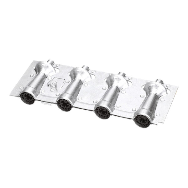 A metal plate with four cylindrical burner tubes attached, each featuring a star-shaped opening at the end.