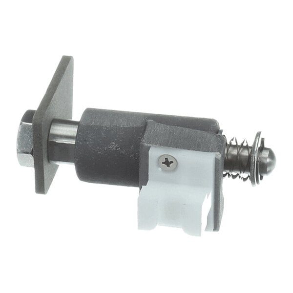 A small mechanical assembly featuring a metal rod, a rectangular mounting plate, a spring, and a white plastic component.