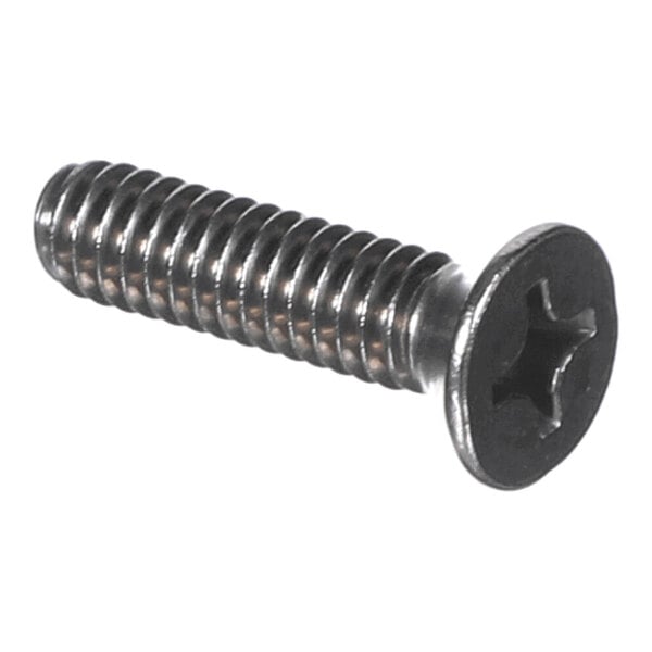 A metal screw with a flat head and a Phillips drive, featuring a threaded shaft.