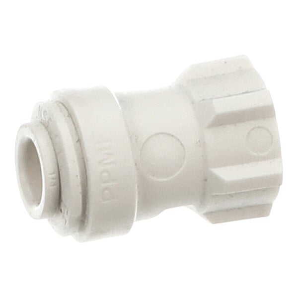 A white plastic adapter with a threaded end and a push-to-connect fitting on the other end.