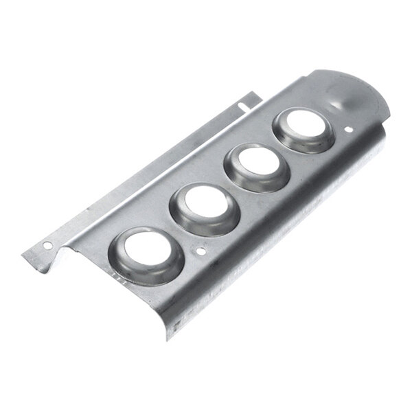 A metallic component with four circular raised holes and a curved edge, likely used in mechanical or industrial applications.