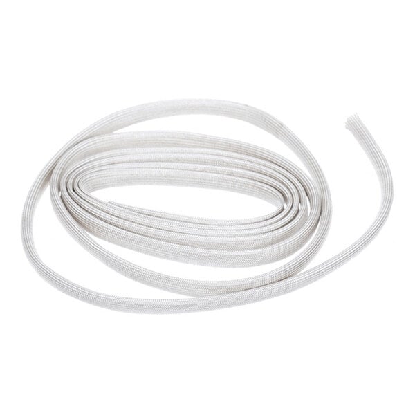 A coiled length of white, flexible, braided tubing or sleeving on a plain background.