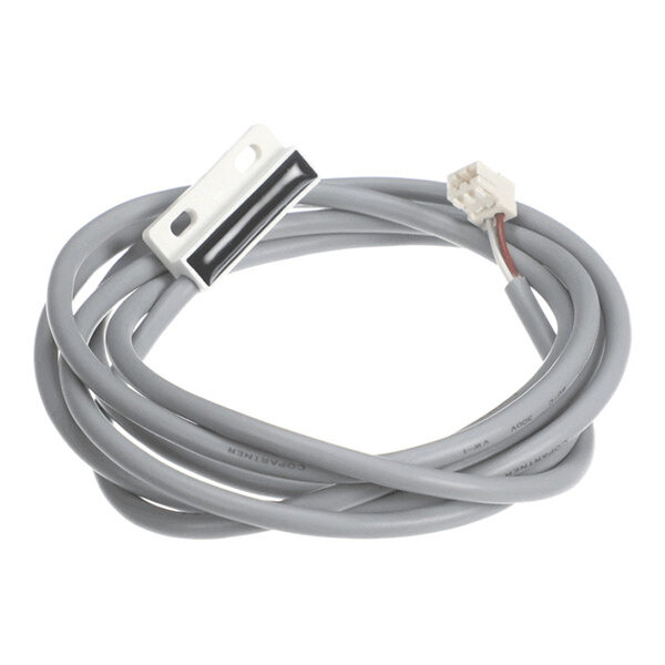 A coiled gray cable with a white plastic mounting bracket on one end and a small white connector on the other end.