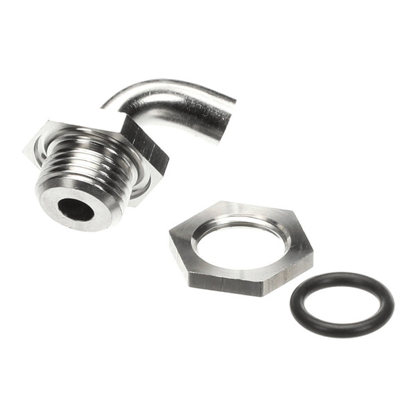 A metal sprayhead fitting assembly with a threaded elbow connector, a hexagonal nut, and a black rubber O-ring.