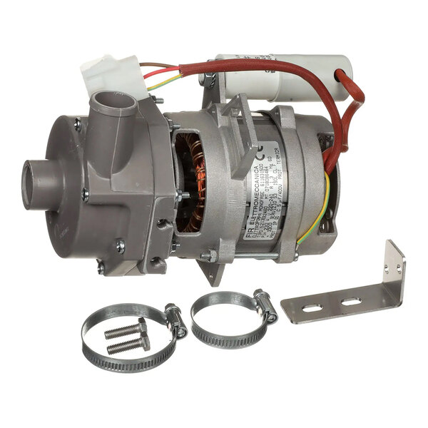 A metallic pump assembly with attached wires, mounting bracket, hose clamps, and screws, shown on a white background.
