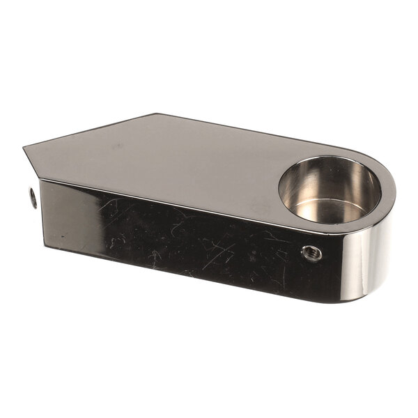 A metallic, rectangular component with a circular hole on one end and a shiny, reflective surface.