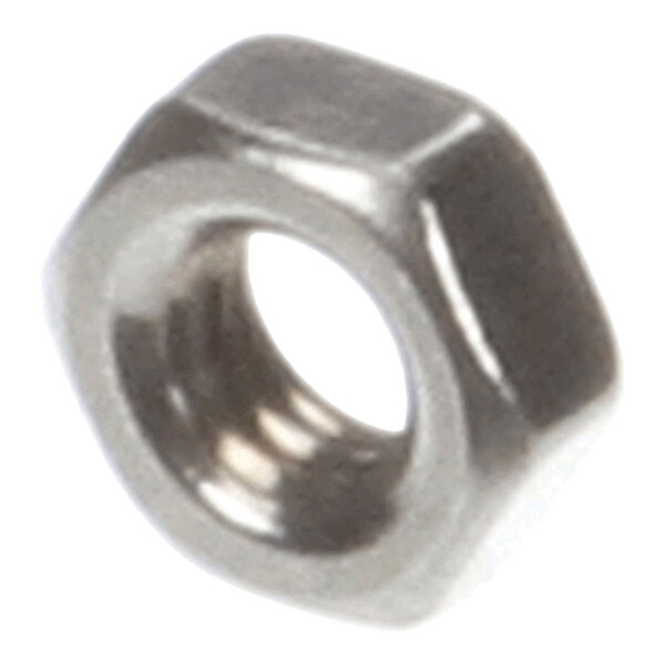 A close-up view of a metallic hex nut with internal threading.