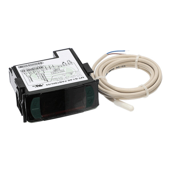 A small electronic device with a digital display, control buttons, and an attached coiled sensor cable.