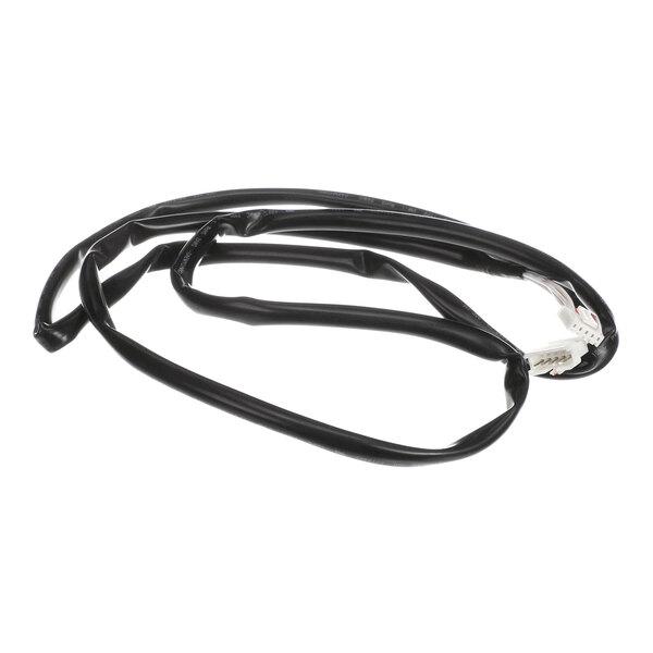 A coiled black cable with a white connector at one end, likely an electrical harness.