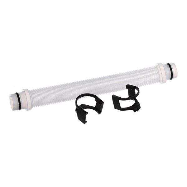 A white corrugated hose with black O-rings on both ends, accompanied by two black plastic clips.