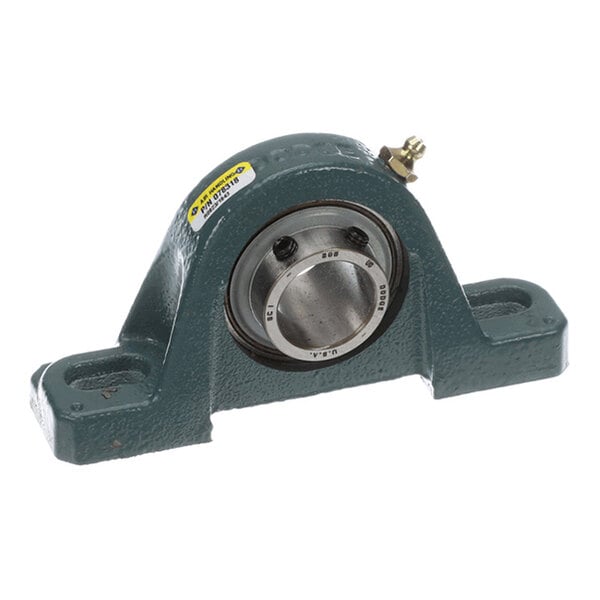 A metal pillow block bearing with a mounted housing and a central cylindrical bore, featuring a grease fitting on top.