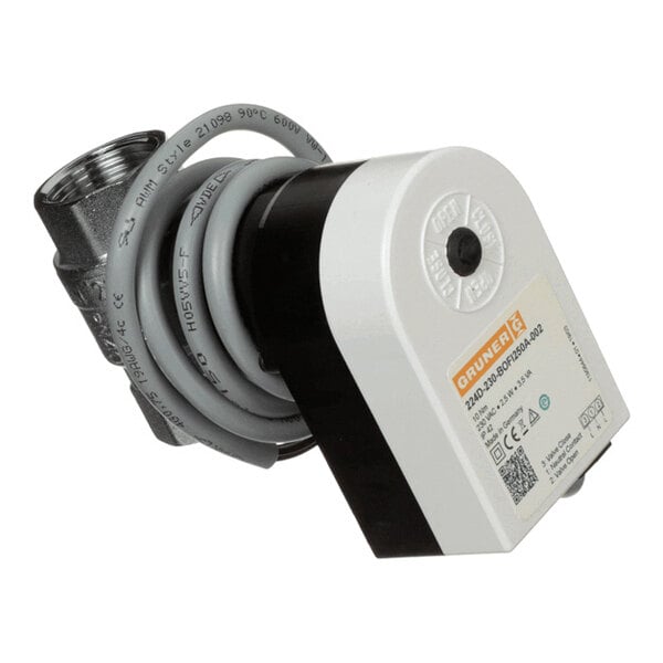 A compact electronic device with a coiled cable and a metal threaded connector, featuring a white and black housing with a label and QR code.