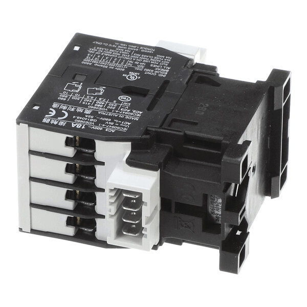 A black and white electrical contactor with multiple connection terminals and technical specifications printed on its surface.
