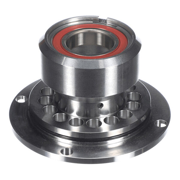 A metallic cylindrical mechanical component with a flanged base, multiple circular holes, and a visible bearing with a red seal.