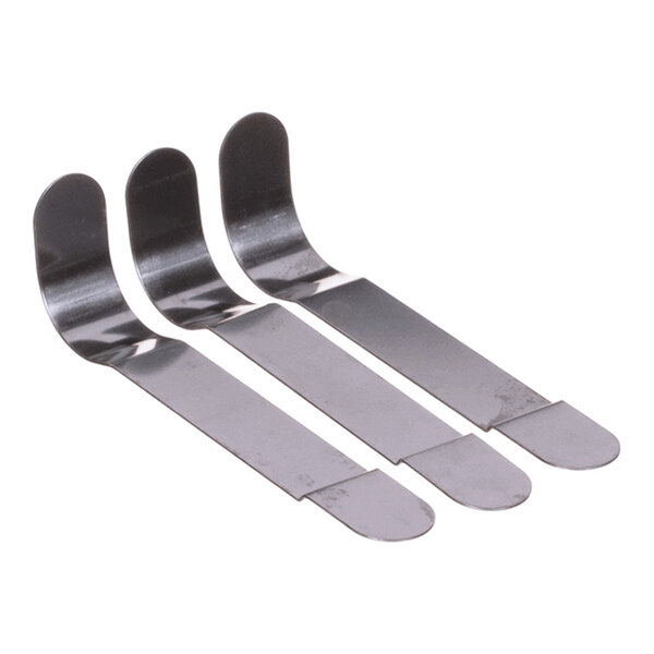 Three flat, metal strips with rounded ends and upward-curved tips, arranged side by side on a white background.