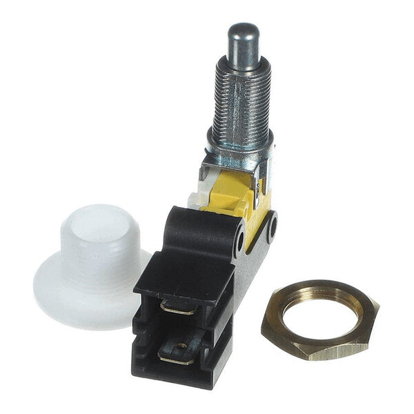 A metal and plastic microswitch assembly with a threaded shaft, a black connector, a white plastic cap, and a brass hex nut.