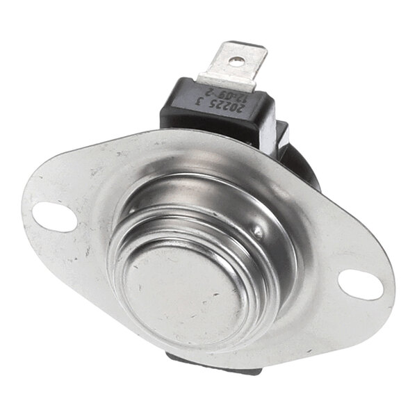 A metallic component with a round, raised center and two mounting holes, featuring an electrical terminal on top.