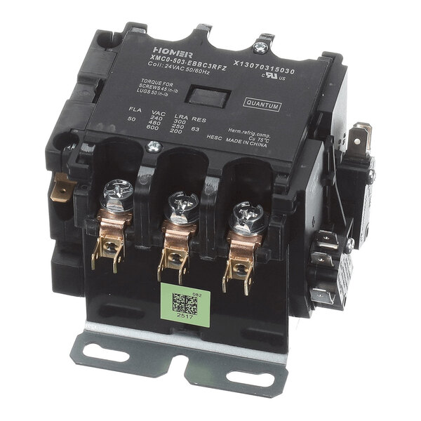 A black electrical contactor with three main terminals, mounting bracket, and labeled specifications on the top surface.