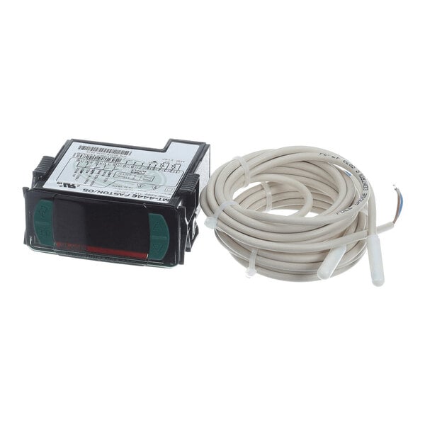 A small electronic device with a digital display and buttons, shown next to a coiled cable with two white sensor probes attached.