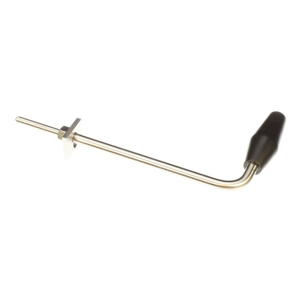 A metal rod with a right-angle bend, featuring a black handle on one end and a metal bracket with a nut on the other.