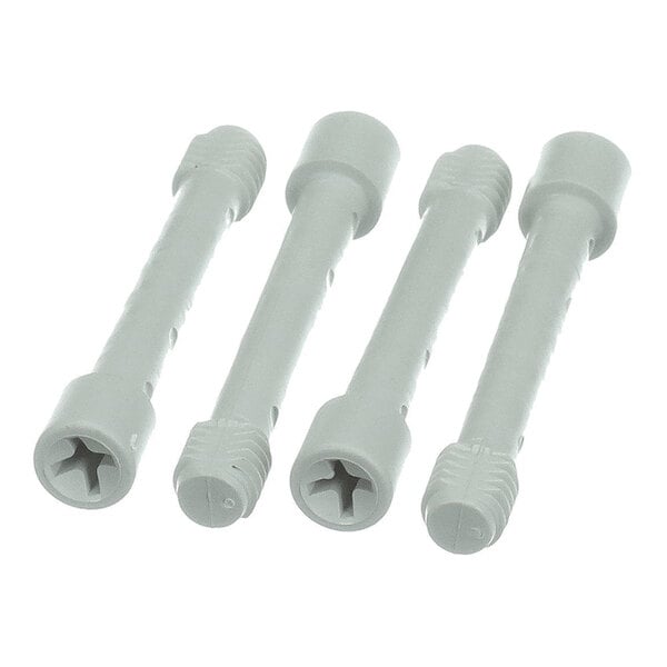Four light gray plastic screws with Phillips heads are arranged side by side on a white background.