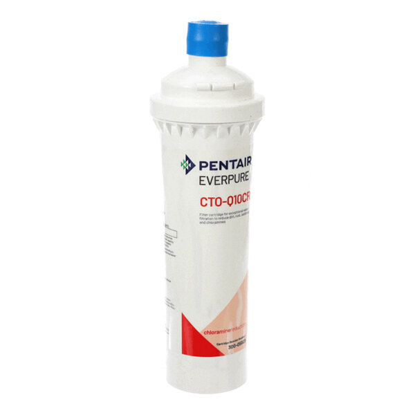 A white cylindrical filter cartridge with a blue cap and printed label, standing upright against a plain background.
