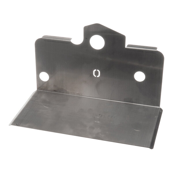 A metal bracket with three circular holes and a bent edge, likely used for mounting or protection purposes.